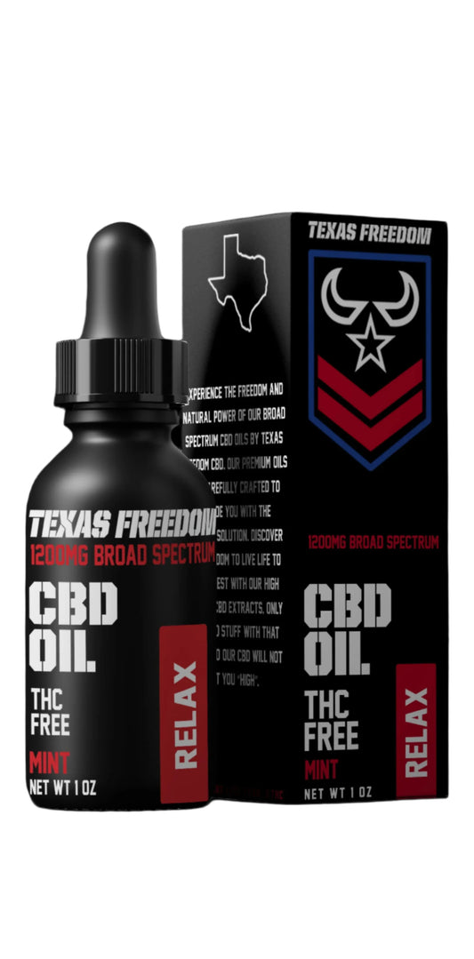 Texas Freedom 3000mg Broad Spectrum CBD Oil with Delta 8 – mint flavor, 1 oz tincture bottle with 'RELIEF' label, designed for powerful, fast-acting pain and tension relief.