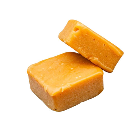Delta-8 Crazy Chew 400mg Caramel – soft, golden caramel-flavored edible square with a chewy texture, infused with 400mg Delta-8 THC, perfect for discreet and tasty relief.