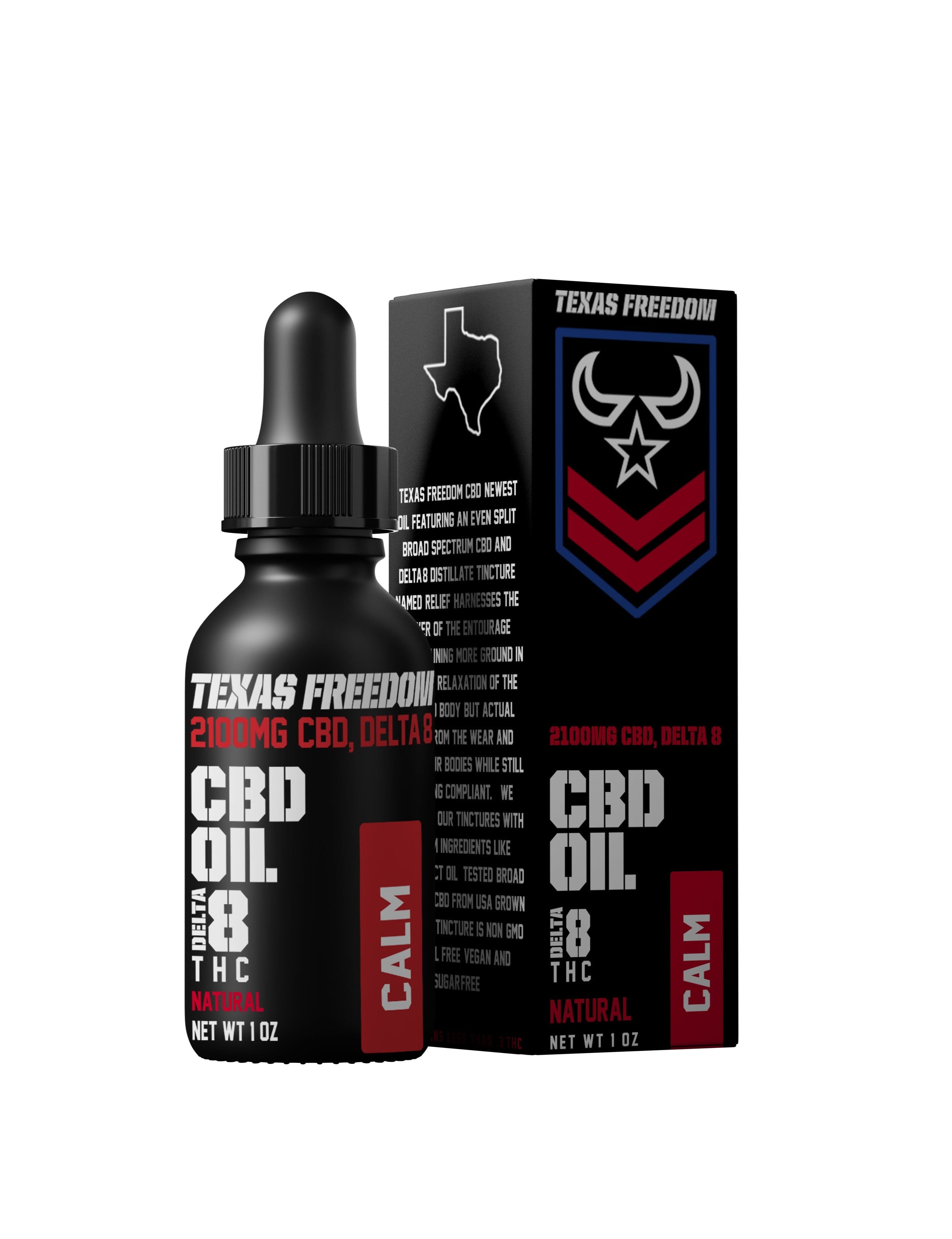 Texas Freedom 2100mg CBD and Delta 8 Calm Oil – matte black 1 oz tincture bottle with dropper and matching retail box, labeled CBD Oil Delta 8 THC Natural flavor, designed to promote calm and relaxation with a balanced blend of cannabinoids.