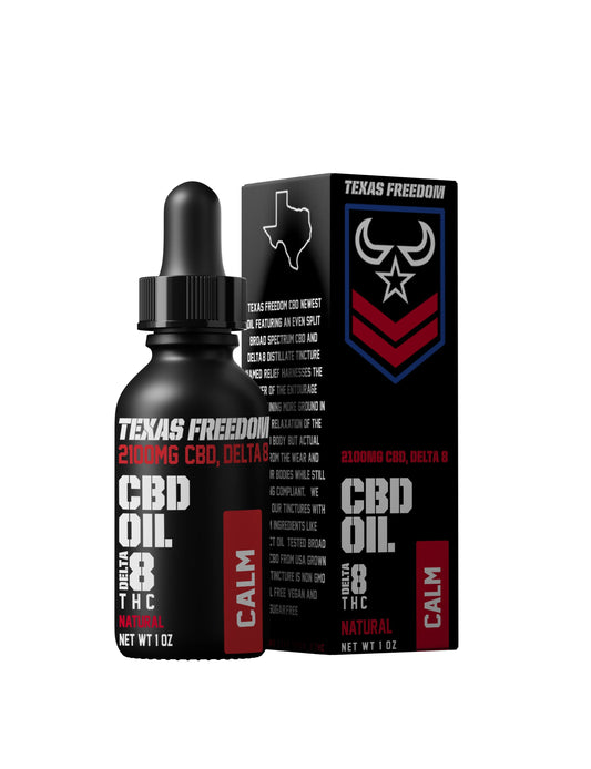 Texas Freedom 2100mg CBD and Delta 8 Calm Oil – matte black 1 oz tincture bottle with dropper and matching retail box, labeled CBD Oil Delta 8 THC Natural flavor, designed to promote calm and relaxation with a balanced blend of cannabinoids.