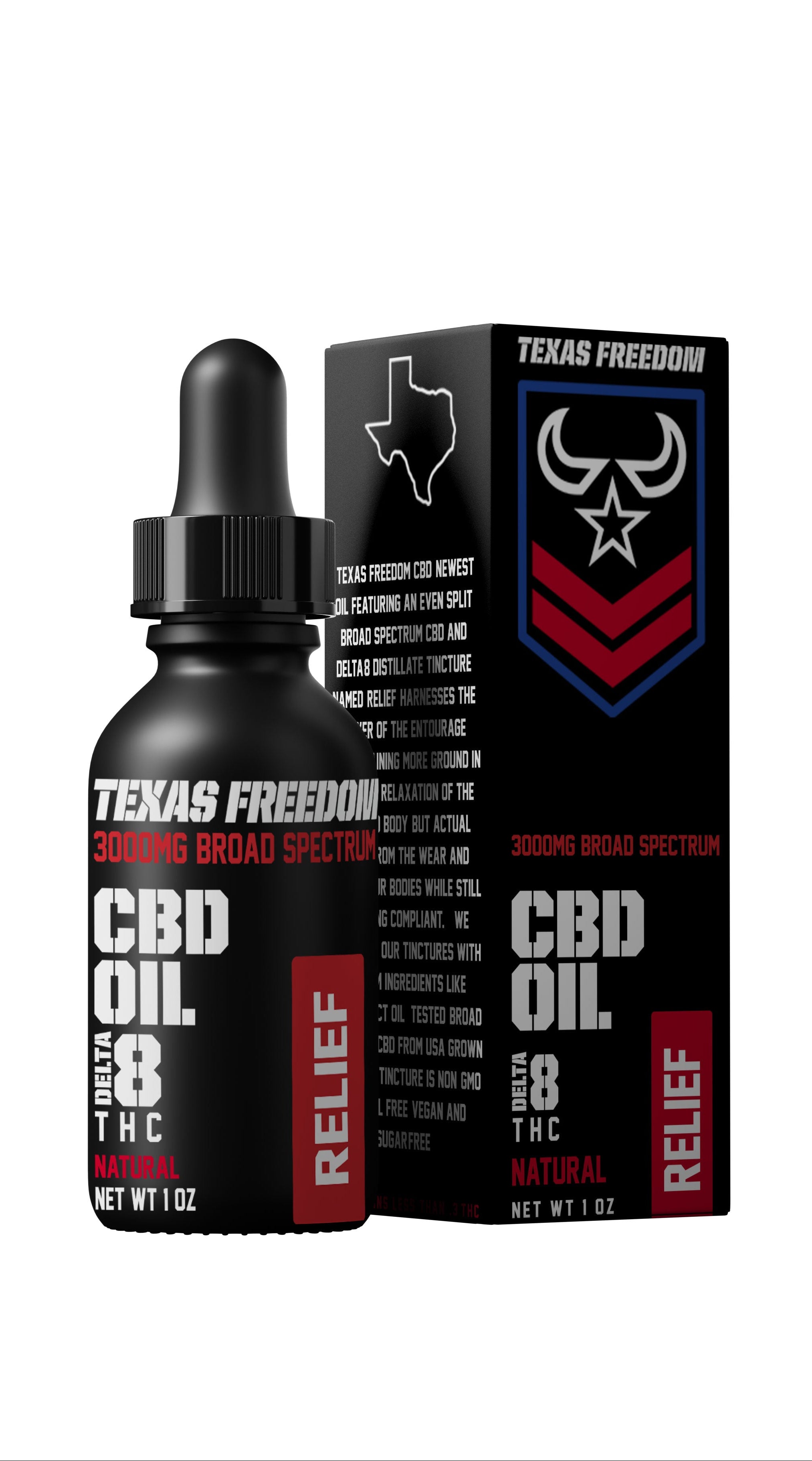 Texas Freedom 3000mg CBD and Delta 8 Calm Oil – matte black 1 oz tincture bottle with dropper and matching retail box, labeled CBD Oil Delta 8 THC Natural flavor, designed to promote calm and relaxation with a balanced blend of cannabinoids.