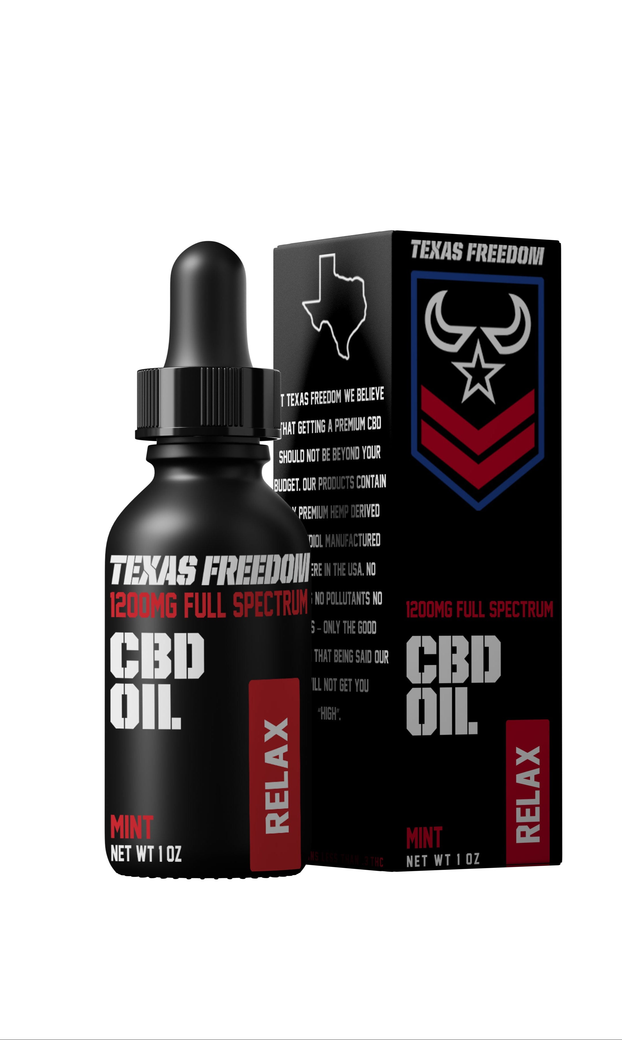 Texas Freedom 1200mg Full Spectrum CBD Oil – mint-flavored 1 oz dropper bottle with matching black retail box labeled 'RELAX,' designed to promote calm and relaxation with hemp-derived cannabinoids.