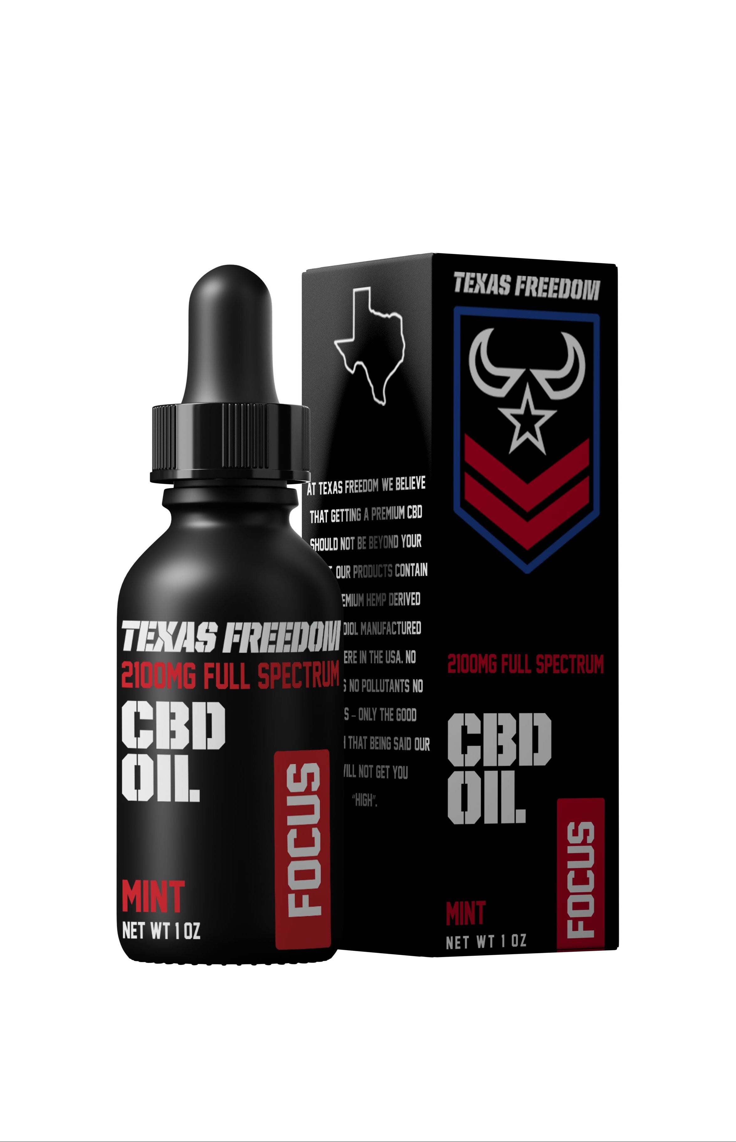 Texas Freedom 2100mg Full Spectrum CBD Oil – mint flavor, 1 oz dropper bottle with black box labeled 'FOCUS,' formulated to support mental clarity and productivity with premium hemp extract