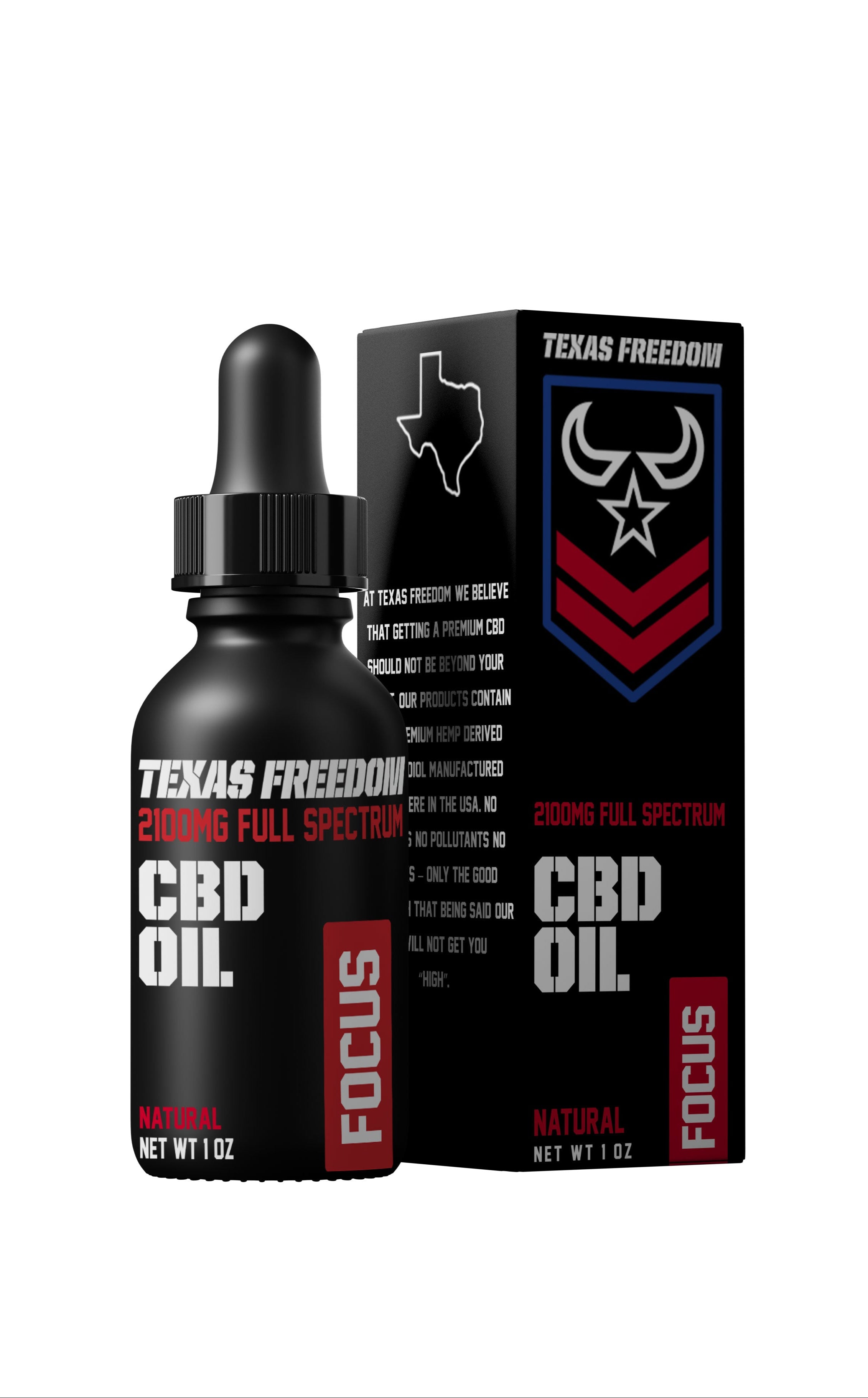 Texas Freedom 2100mg Full Spectrum CBD Oil – natural flavor, 1 oz dropper bottle with black box labeled 'FOCUS,' formulated to support mental clarity and productivity with premium hemp extract