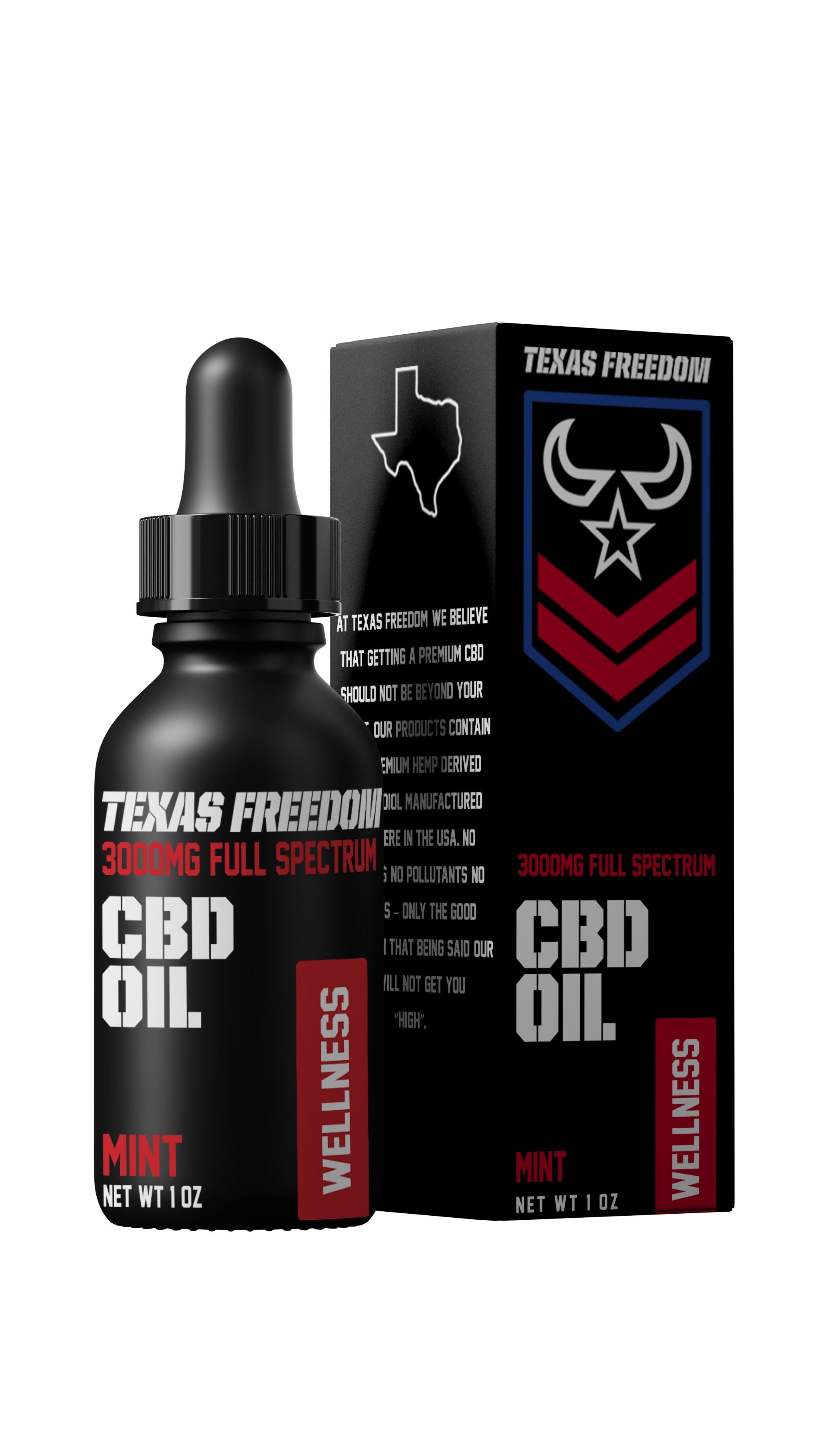 Texas Freedom 3000mg Full Spectrum CBD Oil – mint flavor, 1 oz dropper bottle with 'WELLNESS' label and black retail box, crafted to support daily balance and overall health with potent hemp-derived CBD.