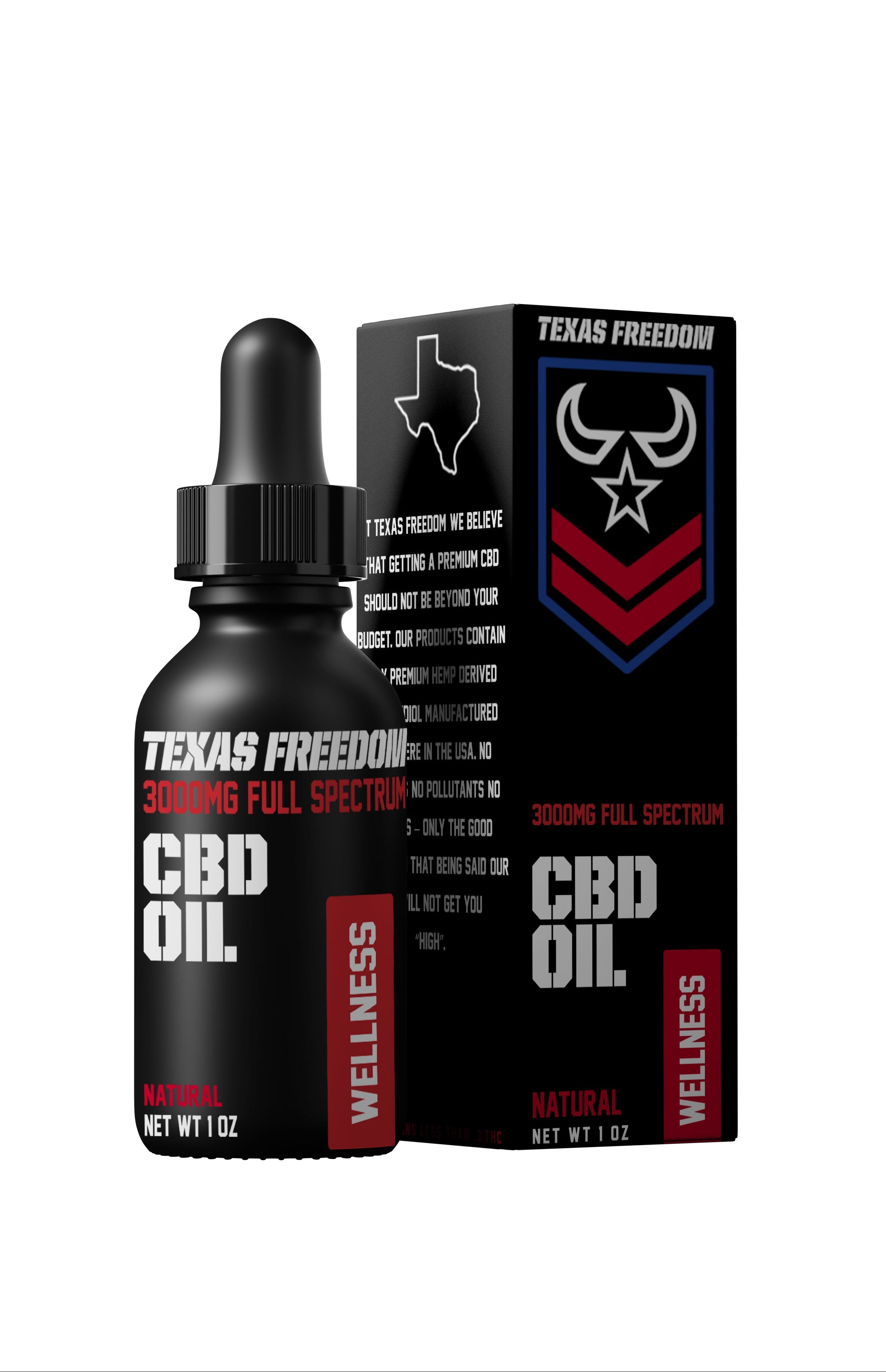 Texas Freedom 3000mg Full Spectrum CBD Oil – natural flavor, 1 oz dropper bottle with 'WELLNESS' label and black retail box, crafted to support daily balance and overall health with potent hemp-derived CBD.