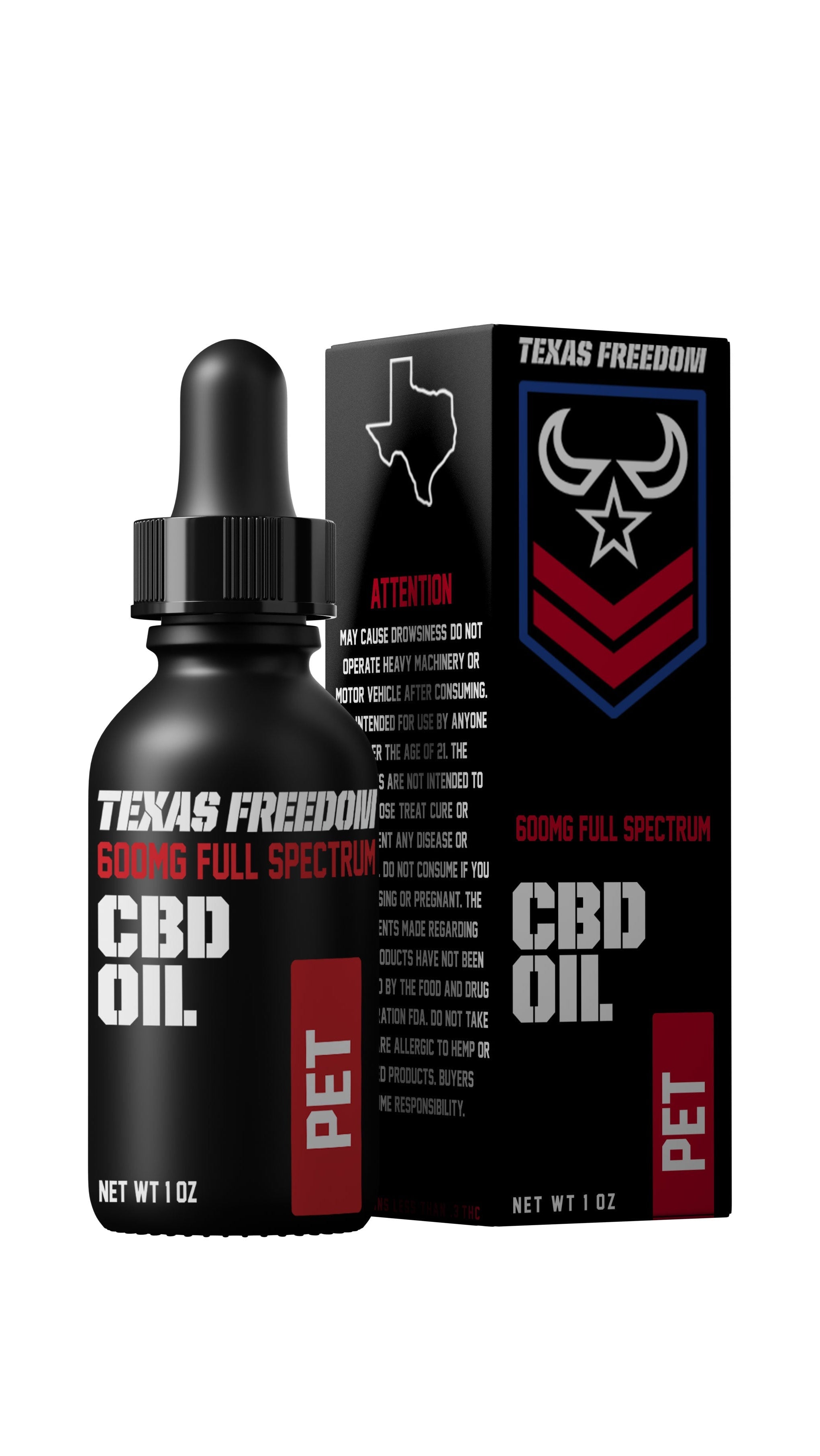 Texas Freedom 600mg Full Spectrum CBD Oil for Pets – matte black 1 oz dropper bottle with matching retail box, labeled 'PET' in red, formulated for dogs and cats to support calm, mobility, and overall wellness.