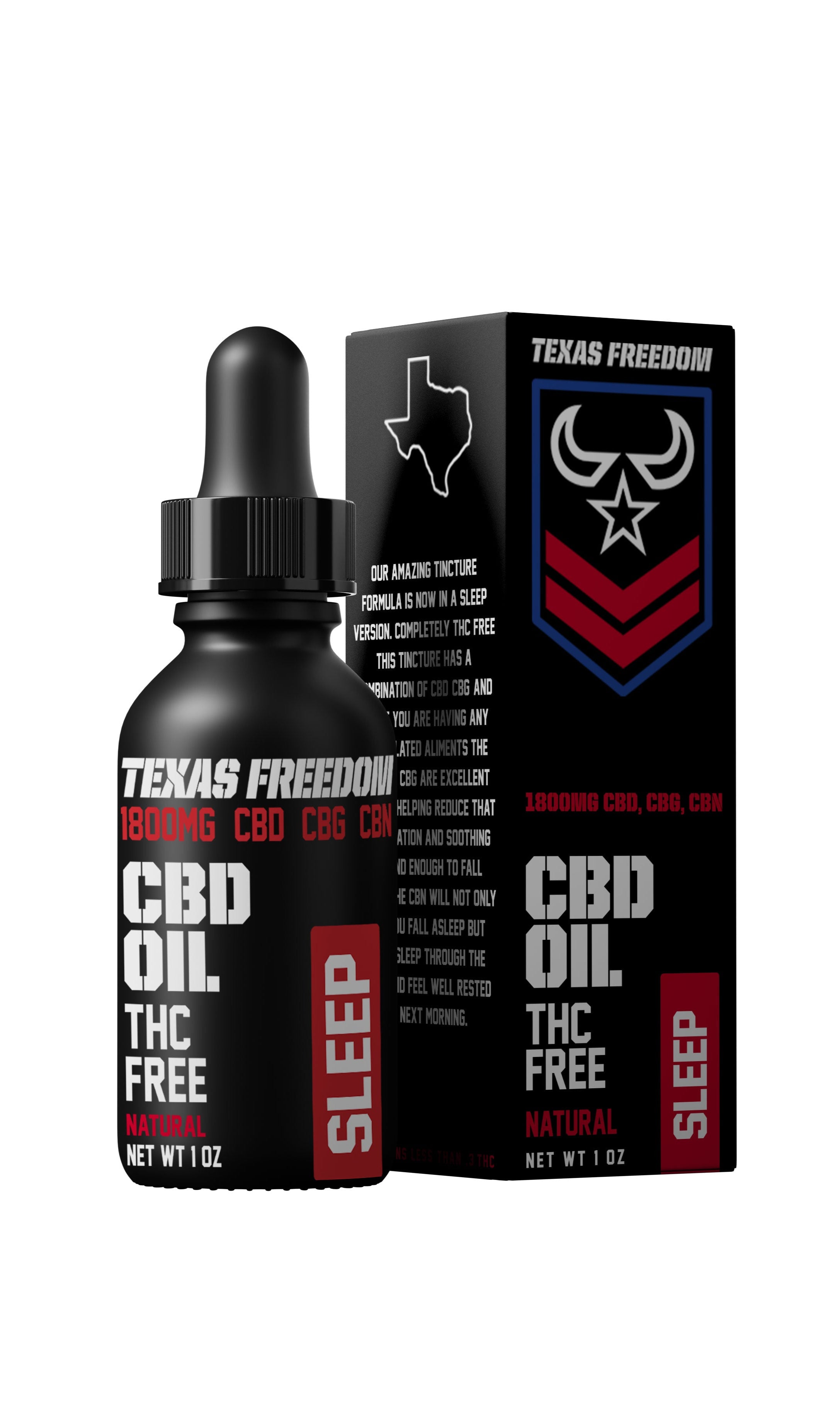 Texas Freedom Sleep CBD Oil – 1800mg THC-free natural blend with CBD, CBG, and CBN in a 1 oz black dropper bottle and matching box labeled 'SLEEP,' formulated to promote restful sleep and nighttime relaxation without added flavor.