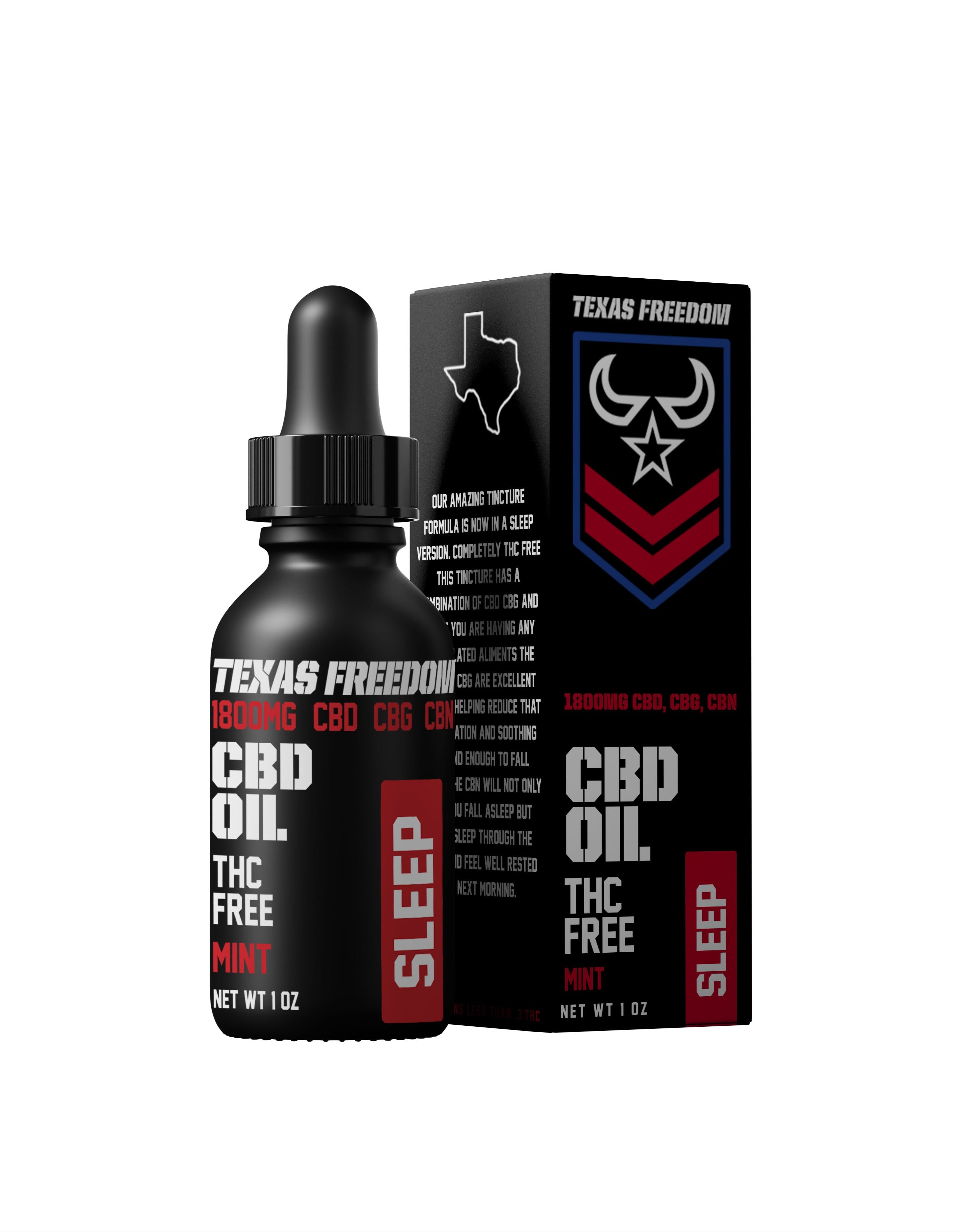 Texas Freedom Sleep CBD Oil – 1800mg blend of CBD, CBG, and CBN in a THC-free mint formula, 1 oz black dropper bottle with matching retail box labeled 'SLEEP,' designed to support restful sleep and nighttime relaxation.