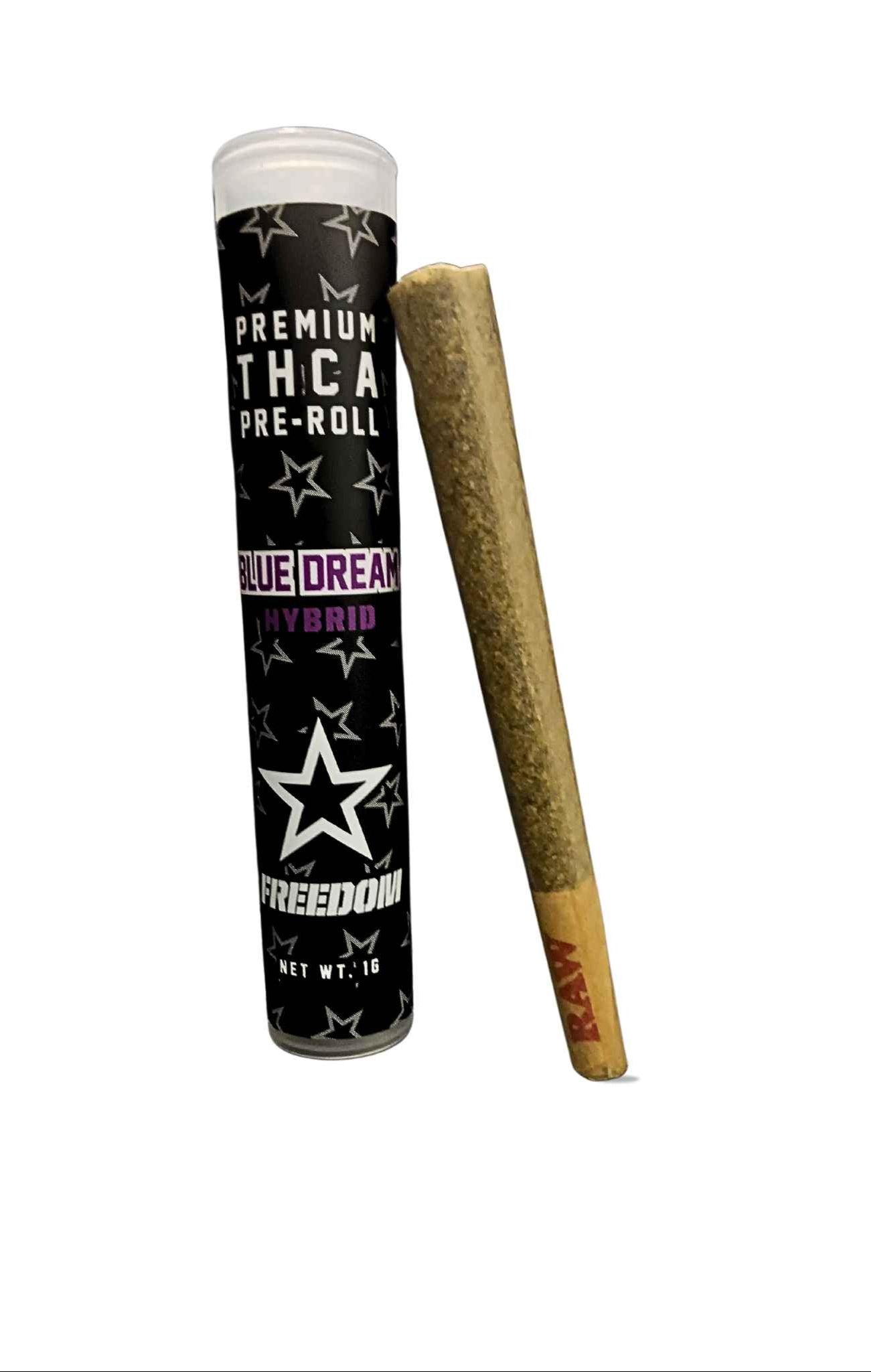 Texas Freedom THCA Preroll Blue Dream – expertly rolled preroll featuring classic Blue Dream flower, delivering a balanced hybrid experience with berry-sweet aroma and smooth smoke.