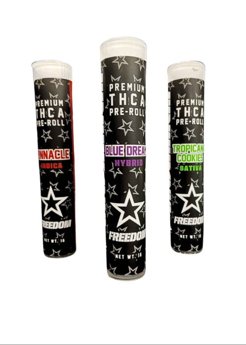 Texas Freedom THCA Prerolls assortment – featuring Tropicana Cookies, Blue Dream, and Pinnacle strains, displayed side by side in premium hemp paper prerolls, showcasing a variety of sativa, hybrid, and indica options for diverse effects and flavors.