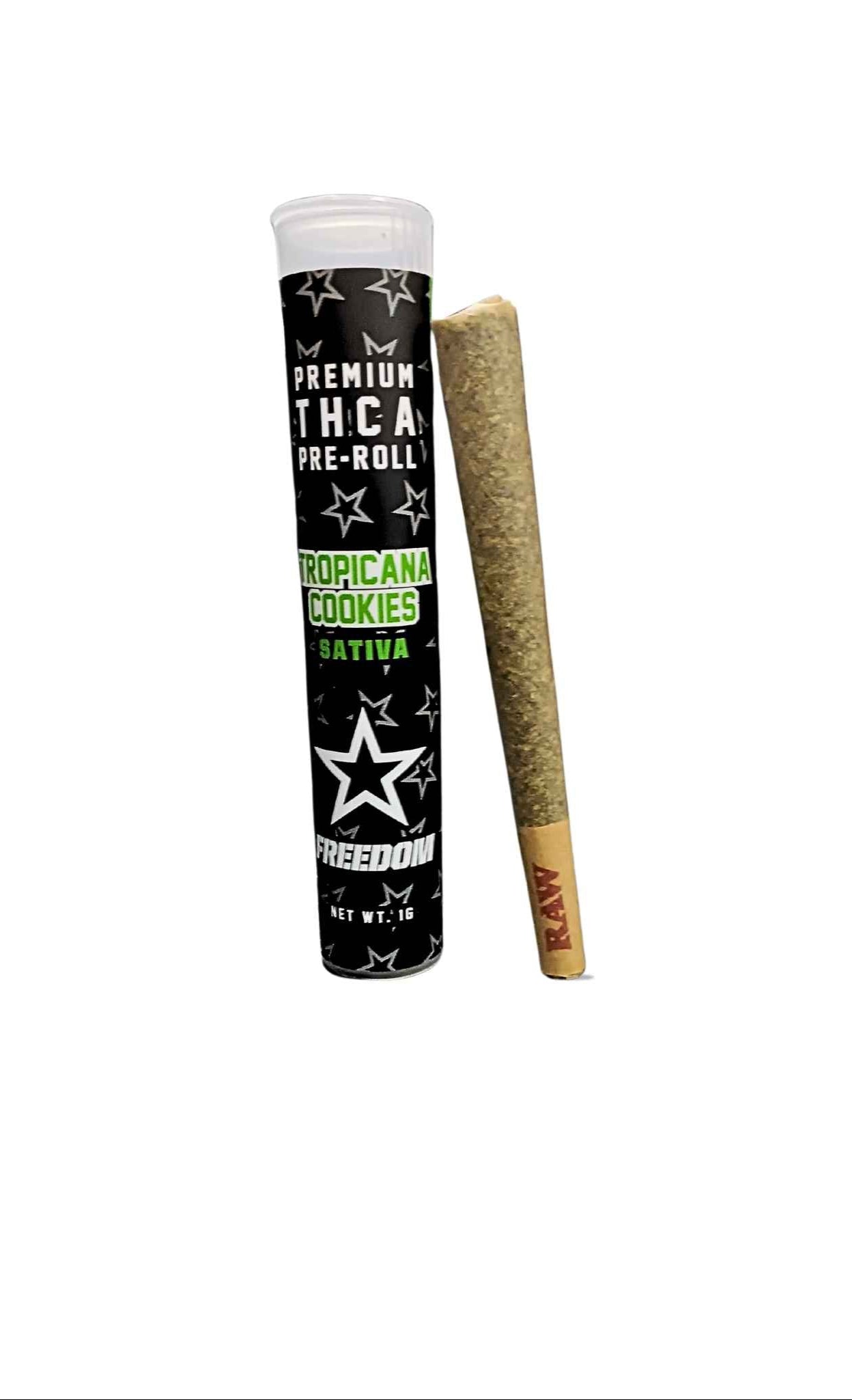 Texas Freedom THCA Preroll Tropicana Cookies – hand-rolled hemp paper preroll filled with premium Tropicana Cookies flower, known for its citrusy, sweet flavor and uplifting, sativa-dominant effects.