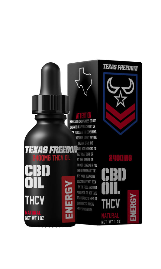 Texas Freedom 2400mg THCV and CBD Oil – 1 oz black tincture bottle with dropper and retail box labeled 'Energy,' featuring natural flavor and bold black-and-red branding, formulated to support focus, clarity, and daytime energy.